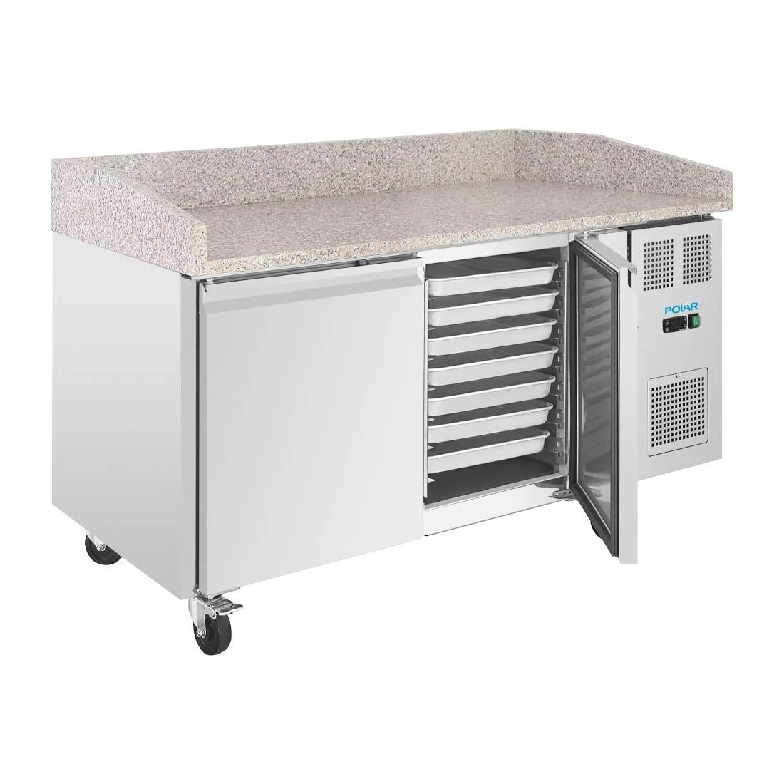 Polar U-Series Pizzatisch 2 Türen mit Granitplatte 428 Liter auf Rollen