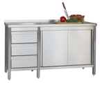 Edelstahl Arbeitsschrank Profi mit Schiebetüren- Aufkantung und 3 Schubladen 1600 x 600 x 850 mm