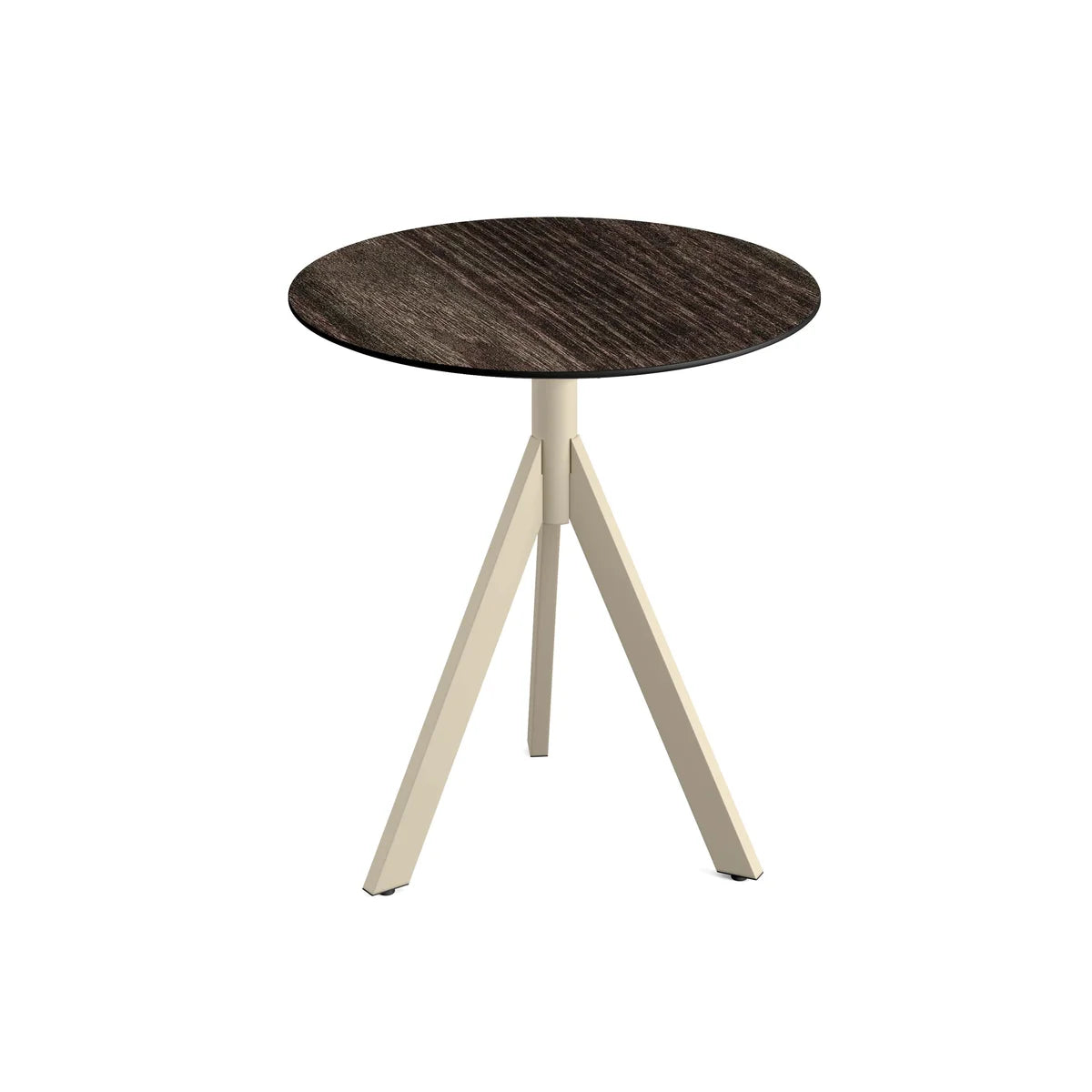 Feros Infinity Tripod Terrassentisch Sand frame + Riverwashed Wood HPL Ø70 cm