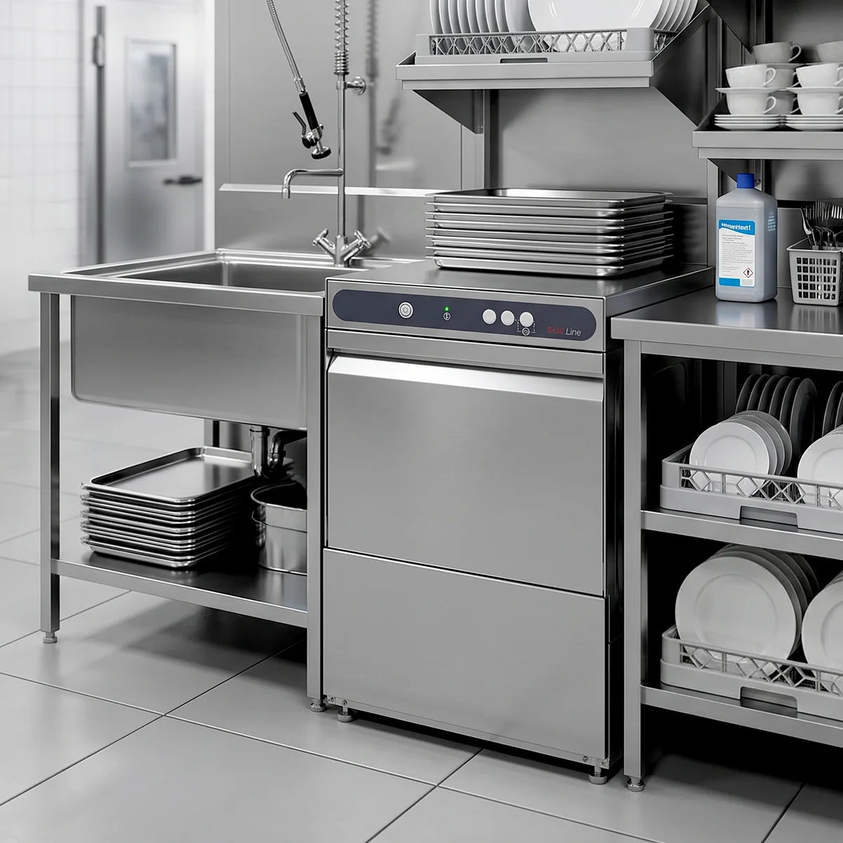 Gläserspülmaschine ECO 40x40 cm Korbmaß, mit Reiniger- & Klarspüldosierer, mit Ablaufpumpe & Enthärter, Made in Europe, 230 Volt