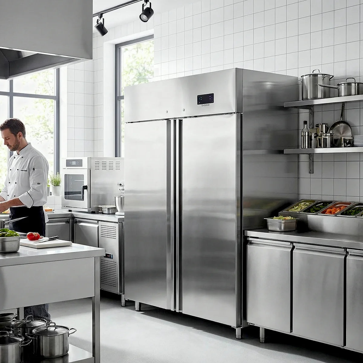 Gastronomie Tiefkühlschrank ECO 1400 GN 2/1 Monoblock, 1350 Liter Kühlraumvolumen, 6 verstellbare Einlegeböden, Robuste Bauweise, Edelstahl