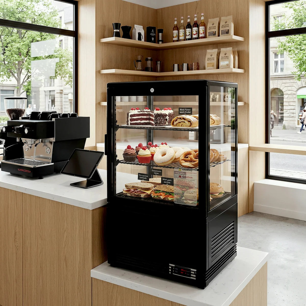 Kühlvitrine ECO 58 Liter, LED-Beleuchtung, 2 Roste, schwarz