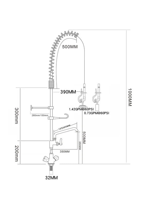 Einloch-Geschirrwaschbrause mit verstellbarer Säule, Mischbatterie und Schwenkhahn - 1.000 mm