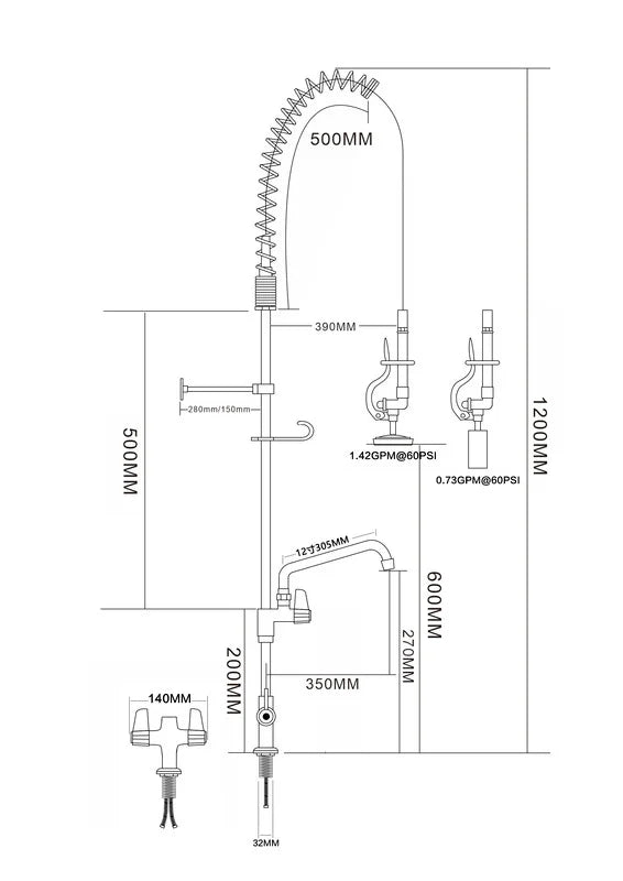 Einloch-Geschirrwaschbrause mit Mischbatterie und separatem Schwenkhahn - 1.200 mm
