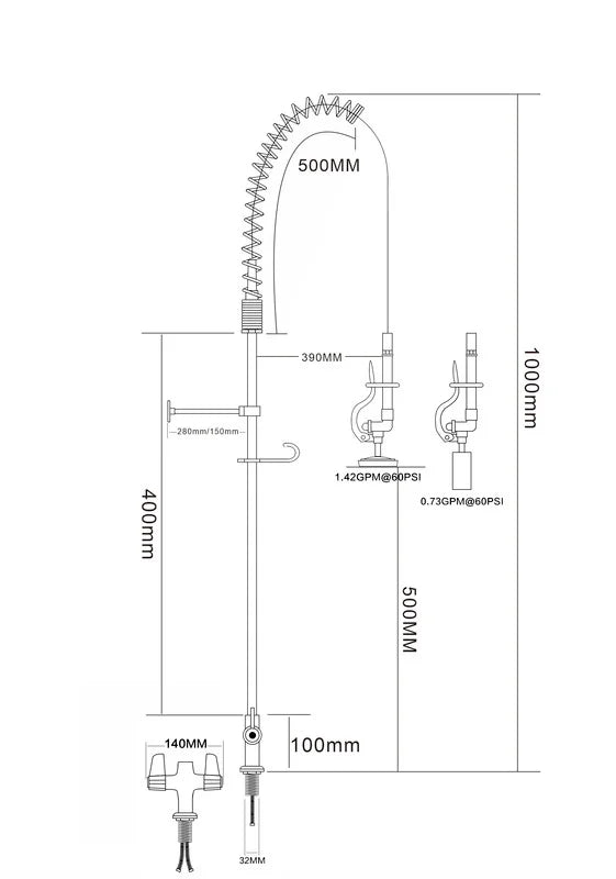 Einloch-Geschirrwaschbrause mit Hebel und Mischbatterie - 1.000 mm