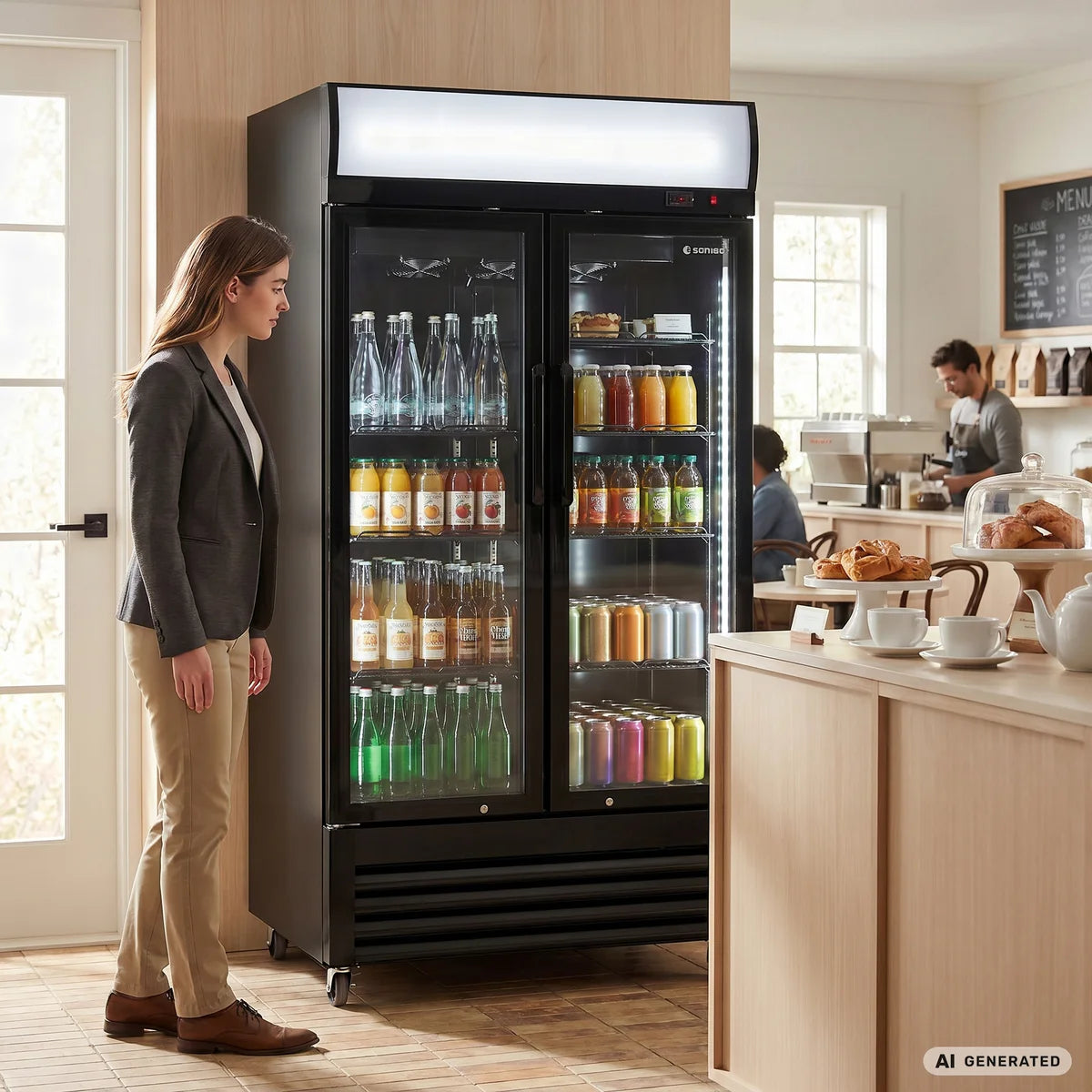 Getränkekühlschrank ECO 630 mit Leuchtaufsatz und Klapptüren