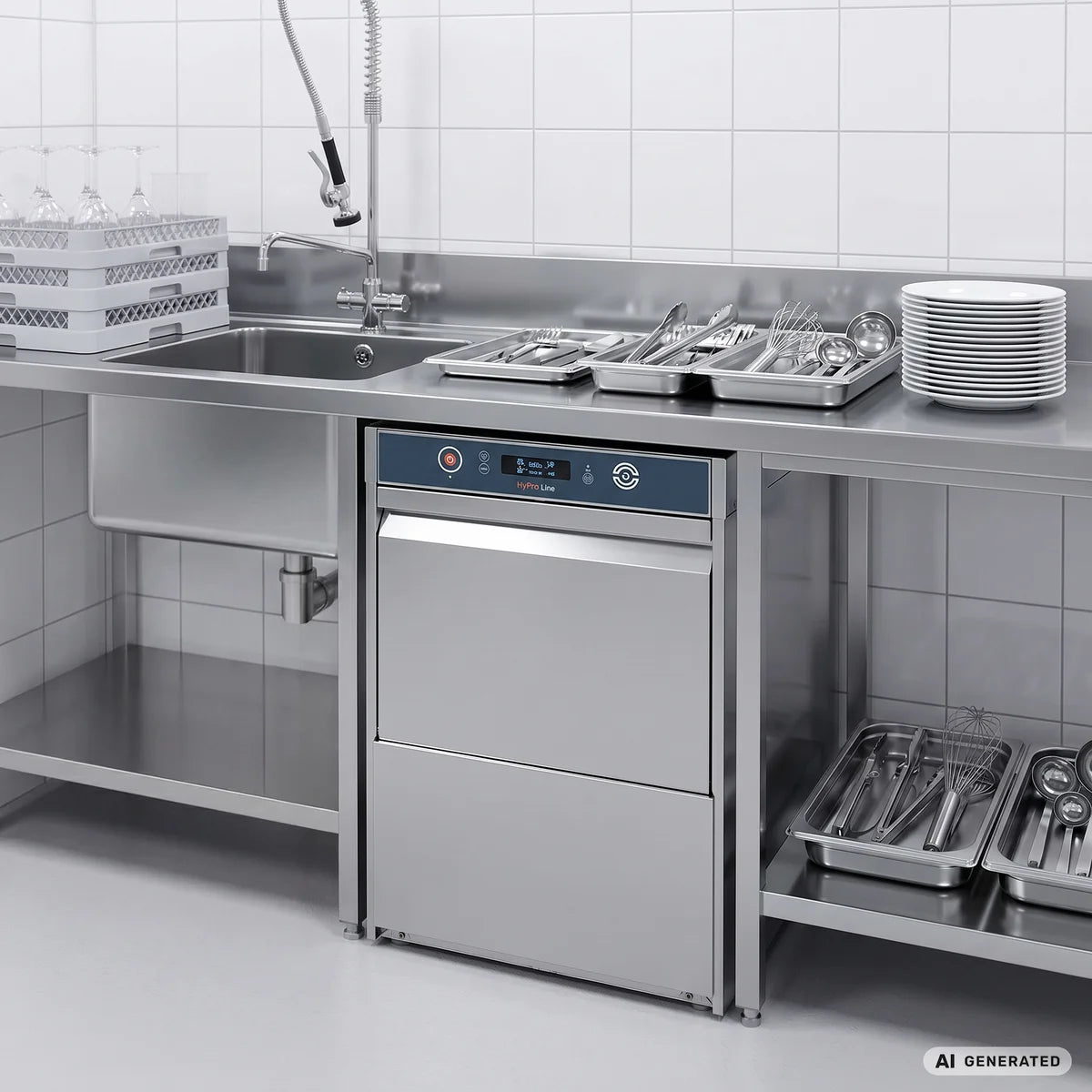 Gläserspülmaschine HYPRO Digital 40 SL 40x40 cm Korbmaß, mit Reiniger- & Klarspüldosierer, mit Ablaufpumpe & Drucksteigerungspumpe Made in Europe, 230 Volt