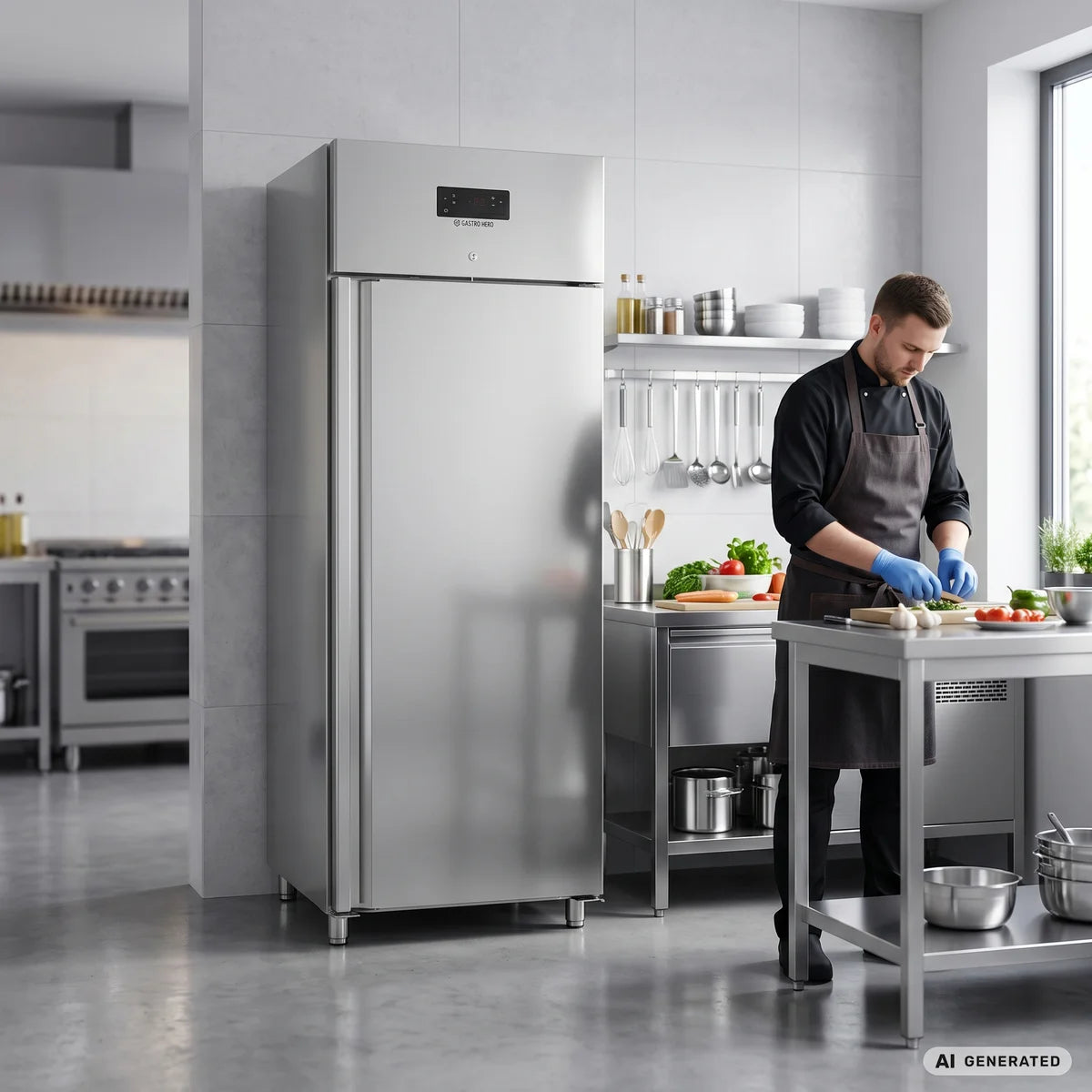 Gastronomie Kühlschrank ECO 700 GN 2/1 Monoblock , 616 Liter Kühlraumvolumen, 3 verstellbare Einlegeböden, Robuste Bauweise, Edelstahl