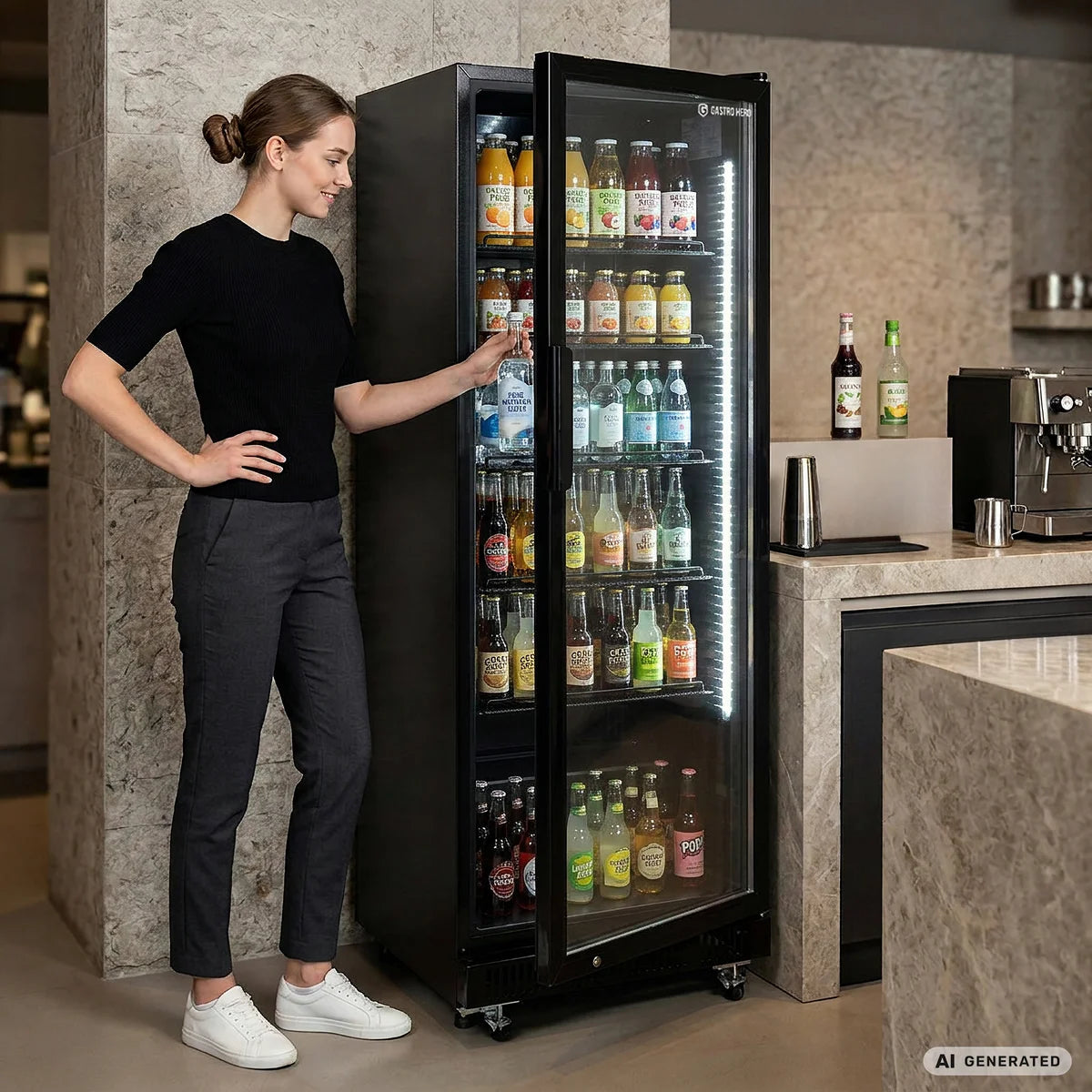 Getränkekühlschrank GKS-360, 360 Liter Kühlraumvolumen, 5 verstellbare Einlegeböden, Innenbeleuchtung, Abschließbar, Schwarz