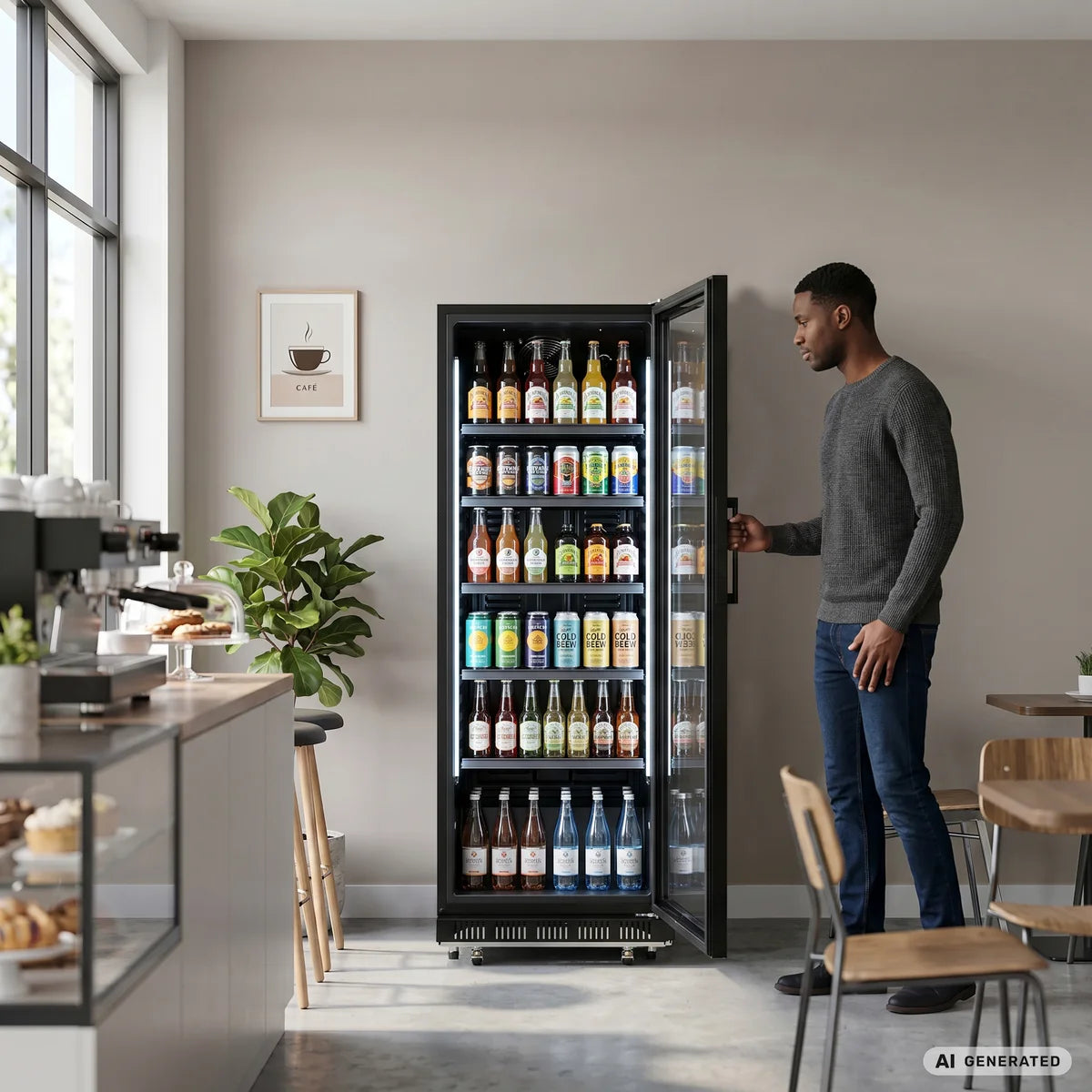 Getränkekühlschrank GK-360BB, 360 Liter Kühlraumvolumen, 4 verstellbare Einlegeböden, Innenbeleuchtung, Abschließbar, Schwarz
