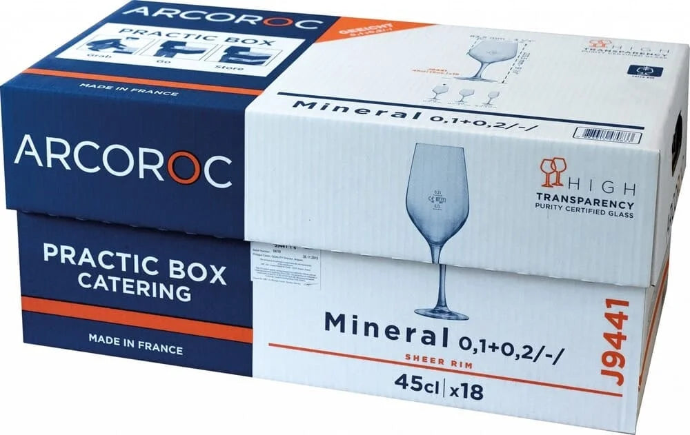 Arcoroc Mineral Weinglas 45 cl mit Füllstrichen bei 0,1 und 0,2 l, 18er Practic-Box