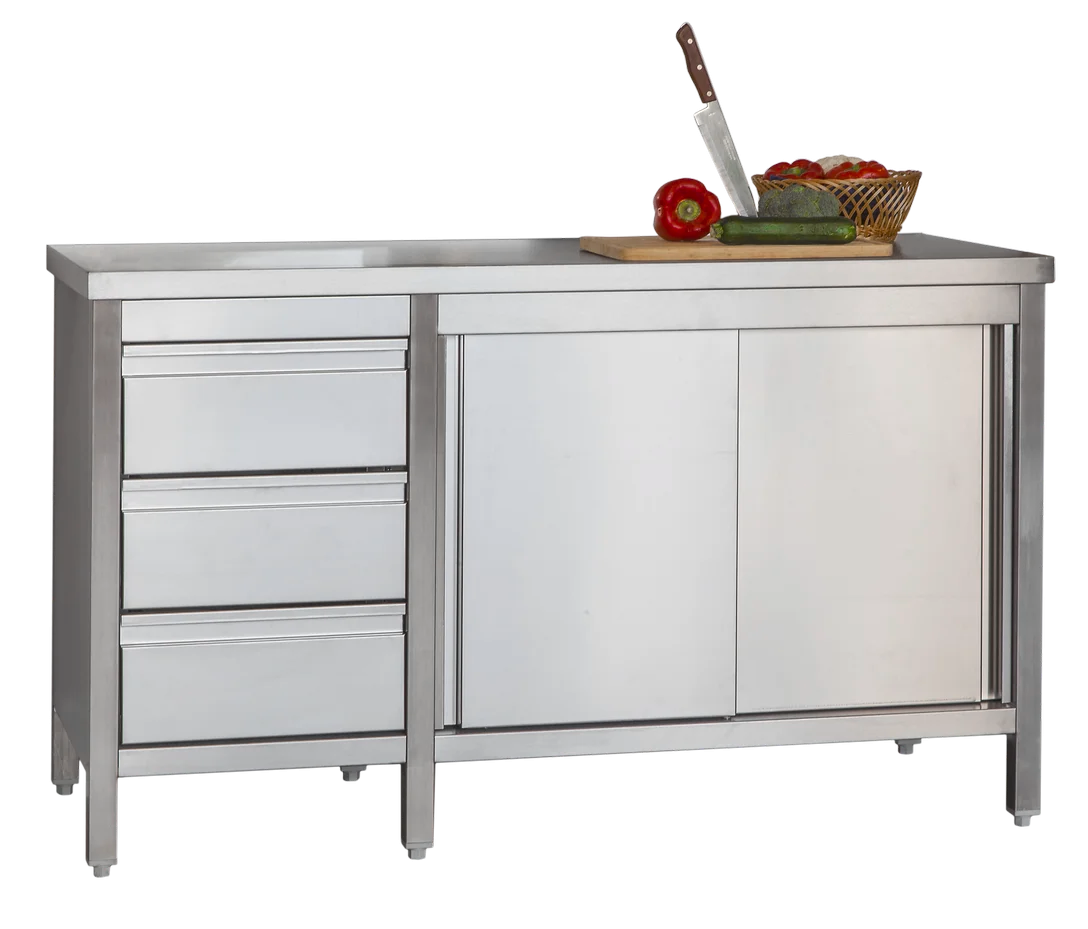 Edelstahl Arbeitsschrank Profi mit Flügeltüren und 3 Schubladen 1500 x 700 x 850 mm