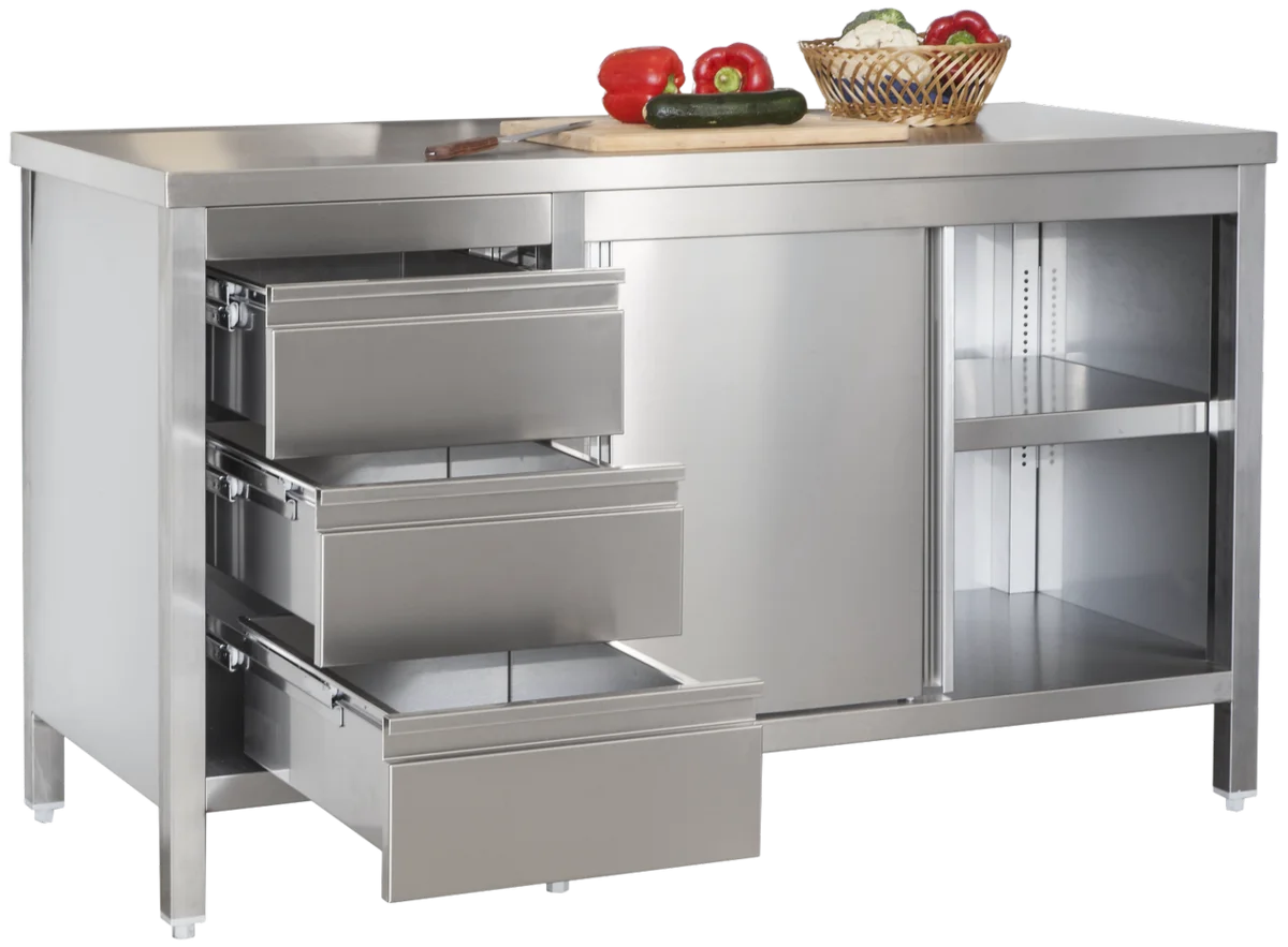 Edelstahl Arbeitsschrank Profi mit Schiebetüren und 3 Schubladen 1600 x 700 x 850 mm