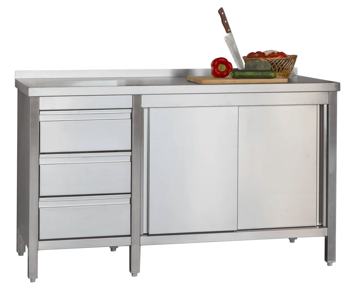 Edelstahl Arbeitsschrank Profi mit Flügeltüren- Aufkantung und 3 Schubladen 1200 x 600 x 850 mm