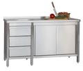 Edelstahl Arbeitsschrank Profi mit Schiebetüren- Aufkantung und 3 Schubladen 1400 x 600 x 850 mm