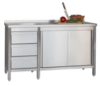 Edelstahl Arbeitsschrank Profi mit Schiebetüren - Aufkantung und 3 Schubladen 1600 x 700 x 850 mm