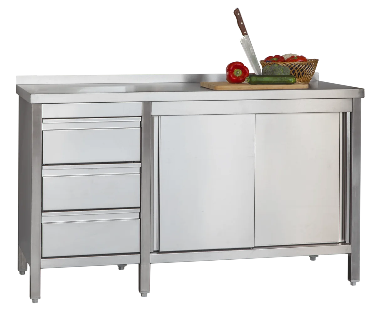 Edelstahl Arbeitsschrank Profi mit Schiebetüren - Aufkantung und 3 Schubladen 1800 x 700 x 850 mm