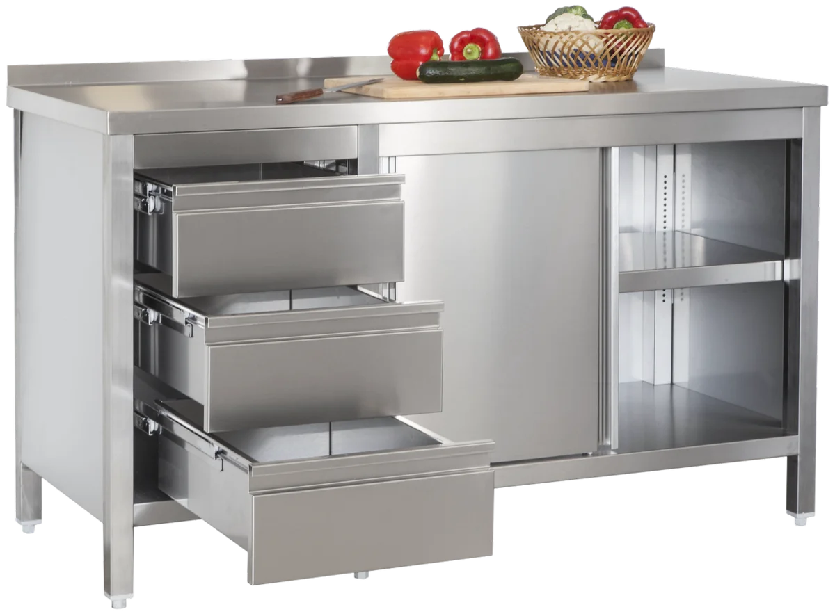 Edelstahl Arbeitsschrank Profi mit Schiebetüren - Aufkantung und 3 Schubladen 1800 x 700 x 850 mm
