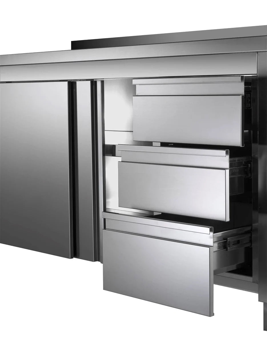 Edelstahl Arbeitsschrank Profi mit Schiebetüren- Aufkantung und 3 Schubladen 1600 x 600 x 850 mm