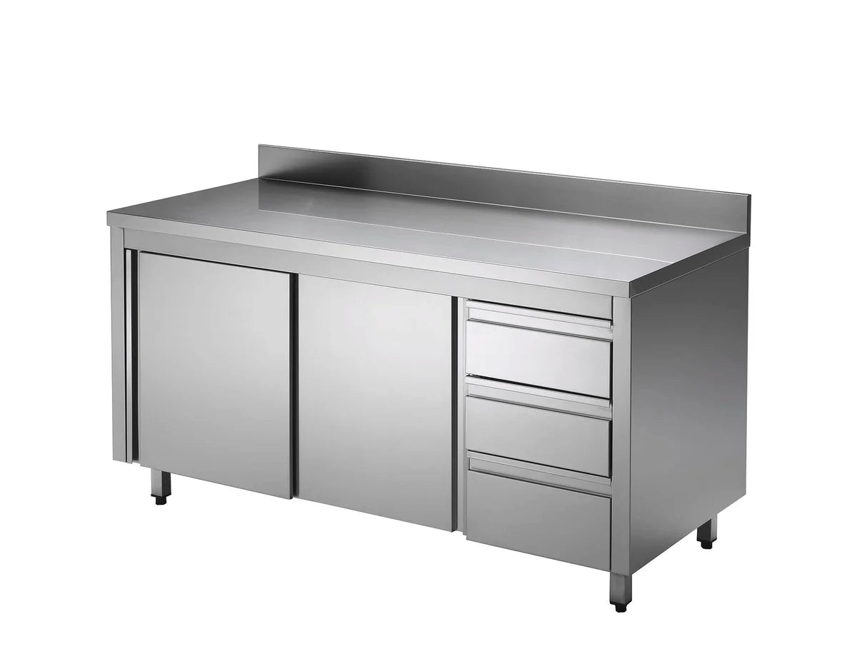 Edelstahl-Arbeitsschrank ECO mit Schiebetür und 3 Schubladen 18x7 mit Aufkantung