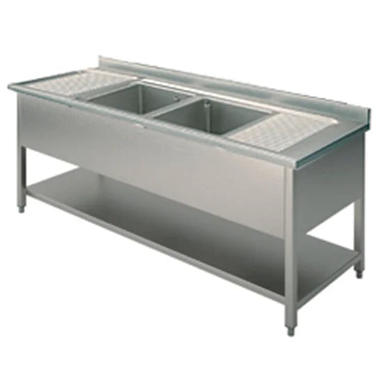 Mastro Spültisch, 2 Becken, 2 Tropftassen, auf Beinen, mit Grundboden, 2000x700 mm