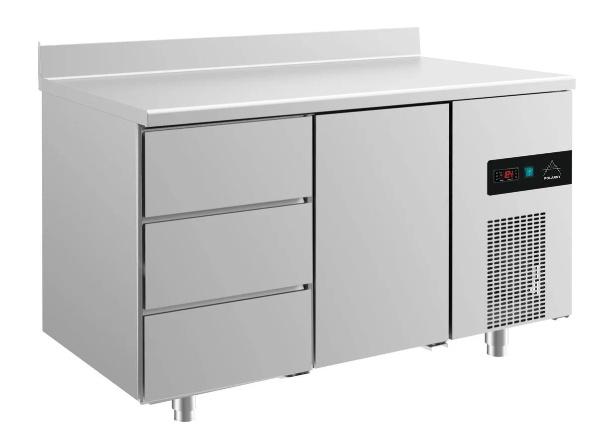 A&S Kühltisch -2 bis +8°C 1400x700x850mm mit 1x Tür und 1x drei Schubladen u. Aufkantung (2DTA)