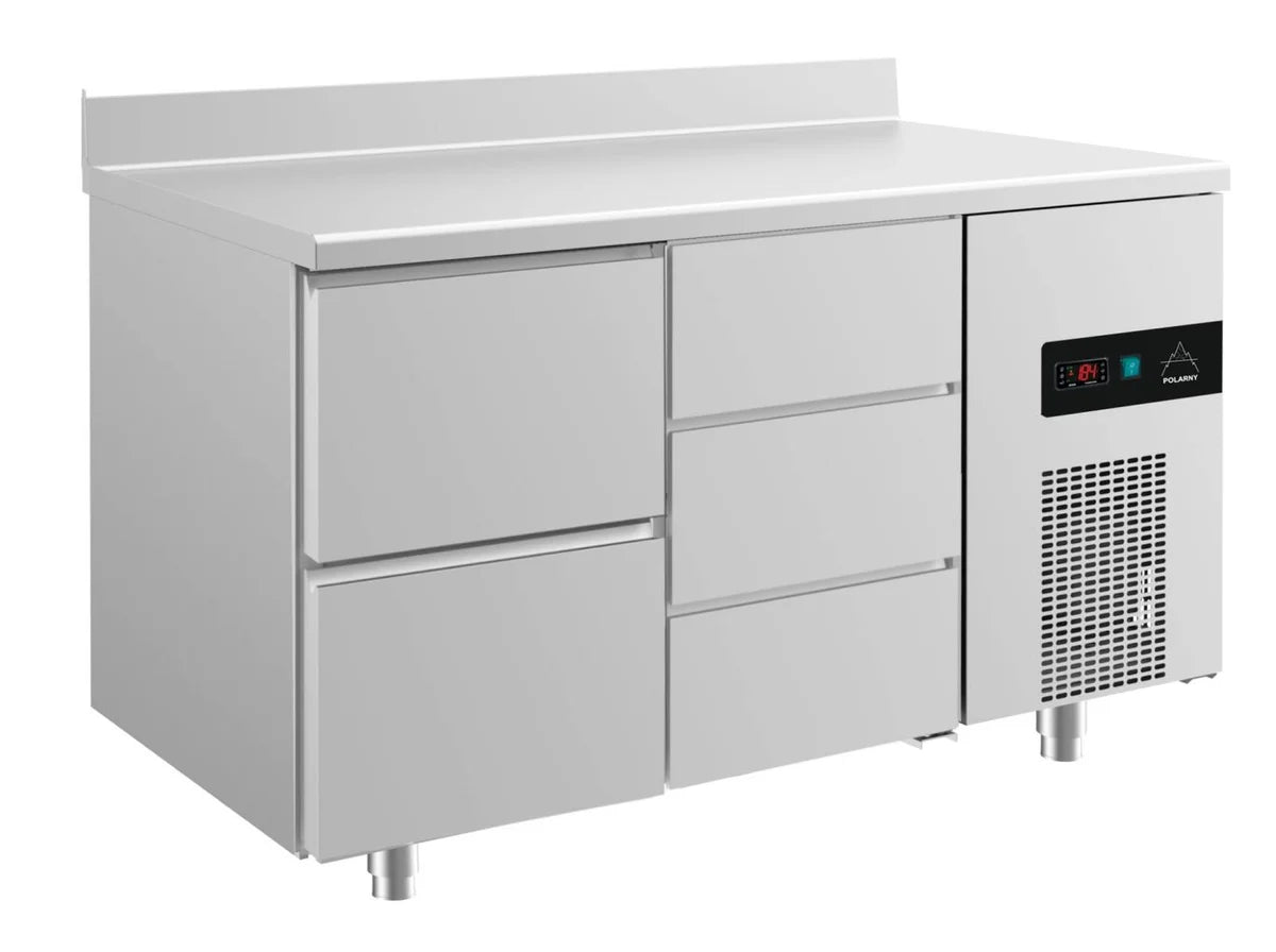 A&S Kühltisch -2 bis +8°C 1400x700x850mm mit 1x zwei Schubladen und 1x drei Schubladen u. Aufkantung (2ZDA)