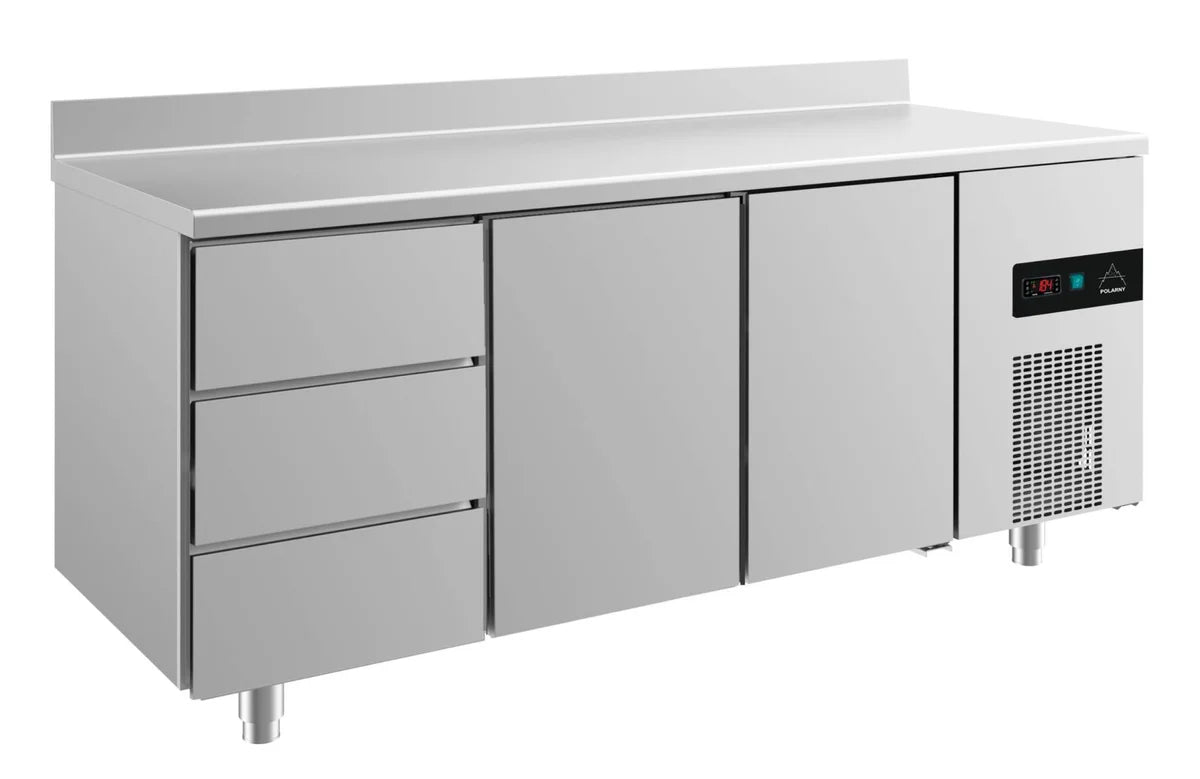 A&S Kühltisch -2 bis +8°C 1865x700x850mm mit 2x Türen und 1x drei Schubladen u. Aufkantung (3DTTA)
