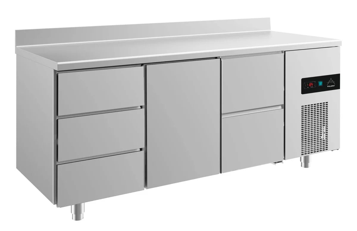 A&S Kühltisch -2 bis +8°C 1865x700x850mm mit 1x Tür, 1x zwei Schubladen und 1x drei Schubladen u. Aufkantung (3DTZA)