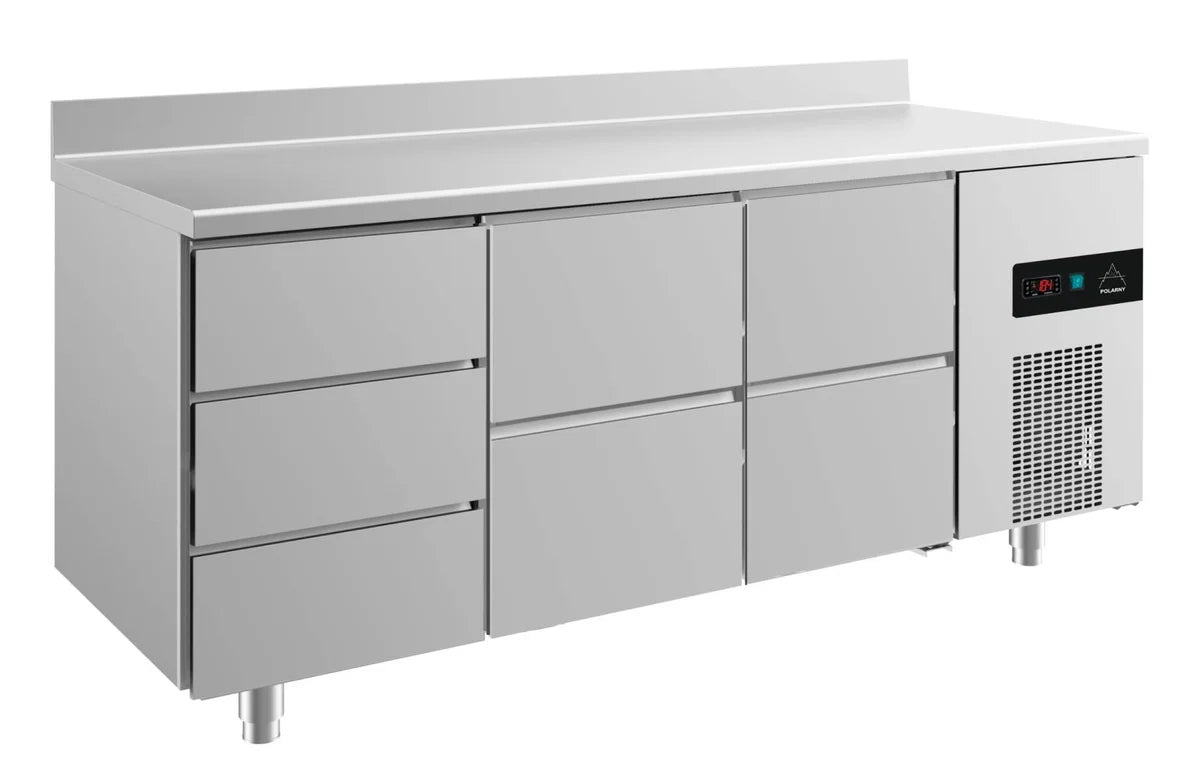 A&S Kühltisch -2 bis +8°C 1865x700x850mm mit 2x zwei Schubladen und 1x drei Schubladen u. Aufkantung (3DZZA)