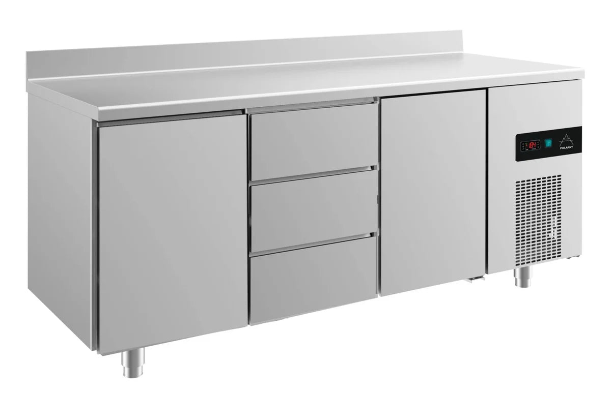A&S Kühltisch -2 bis +8°C 1865x700x850mm mit 2x Türen und 1x drei Schubladen u. Aufkantung (3TDTA)