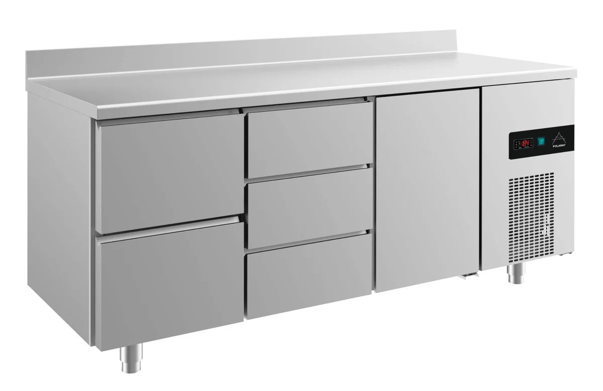 A&S Kühltisch -2 bis +8°C 1865x700x850mm mit 1x Tür, 1x zwei Schubladen und 1x drei Schubladen u. Aufkantung (3ZDTA)