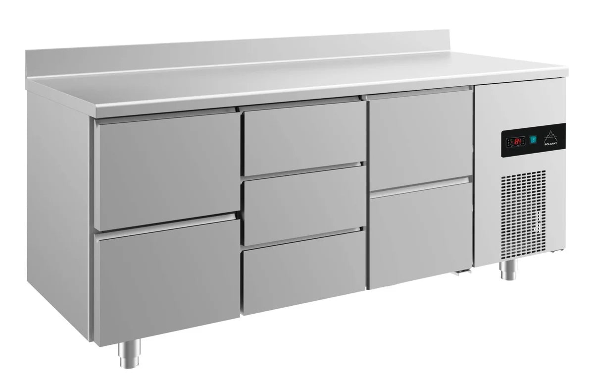 A&S Kühltisch -2 bis +8°C 1865x700x850mm mit 2x zwei Schubladen und 1x drei Schubladen u. Aufkantung (3ZDZA)