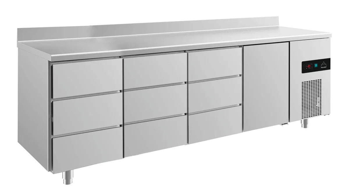A&S Kühltisch -2 bis +8°C 2330x700x850mm mit 1x Tür und 3x drei Schubladen u. Aufkantung (4DDDTA)