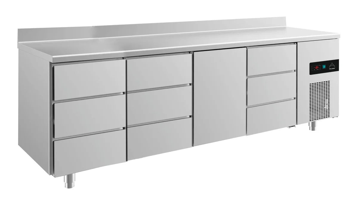 A&S Kühltisch -2 bis +8°C 2330x700x850mm mit 1x Tür und 3x drei Schubladen u. Aufkantung (4DDTDA)