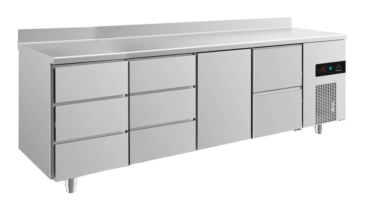 A&S Kühltisch -2 bis +8°C 2330x700x850mm mit 1x Tür, 1x zwei Schubladen und 2x 3 Schubladen u. Aufkantung (4DDTZA)
