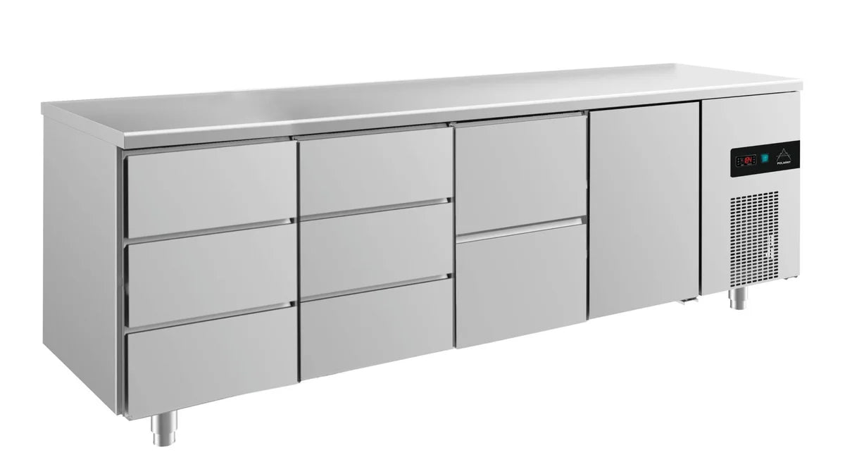 A&S Kühltisch -2 bis +8°C 2330x700x850mm mit 1x Tür, 1x zwei Schubladen und 2x 3 Schubladen (4DDZT)