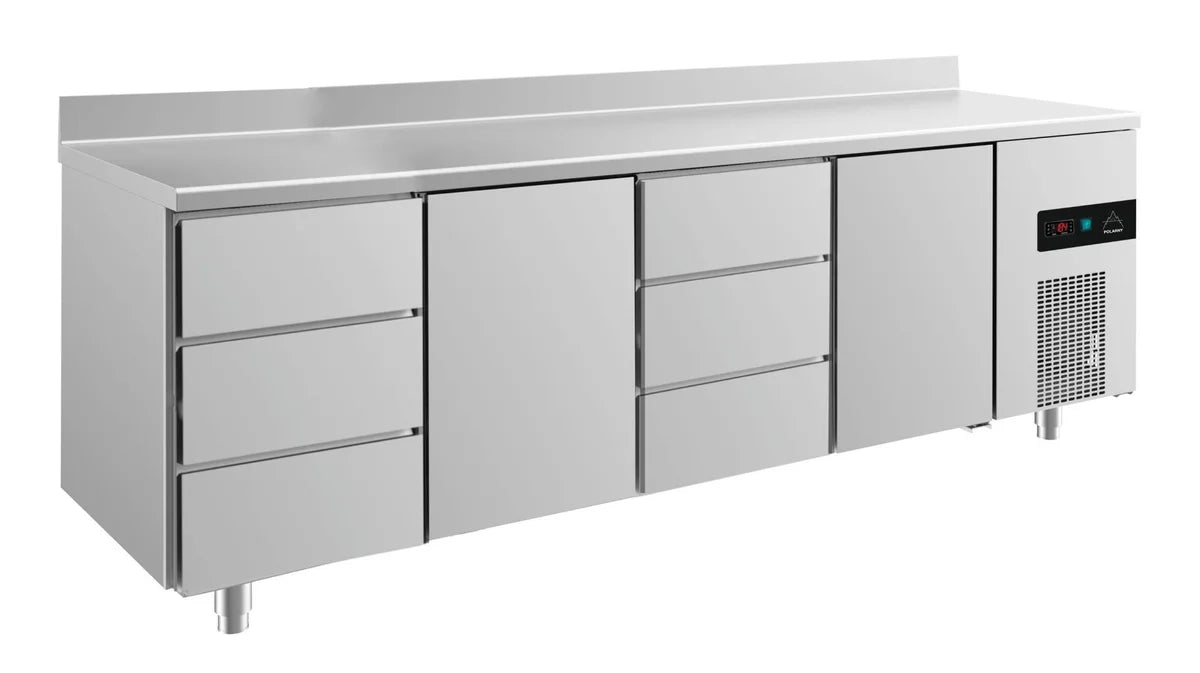 A&S Kühltisch -2 bis +8°C 2330x700x850mm mit 2x Türen und 2x drei Schubladen u. Aufkantung (4DTDTA)