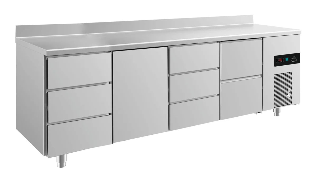 A&S Kühltisch -2 bis +8°C 2330x700x850mm mit 1x Tür, 1x zwei Schubladen und 2x 3 Schubladen u. Aufkantung (4DTDZA)