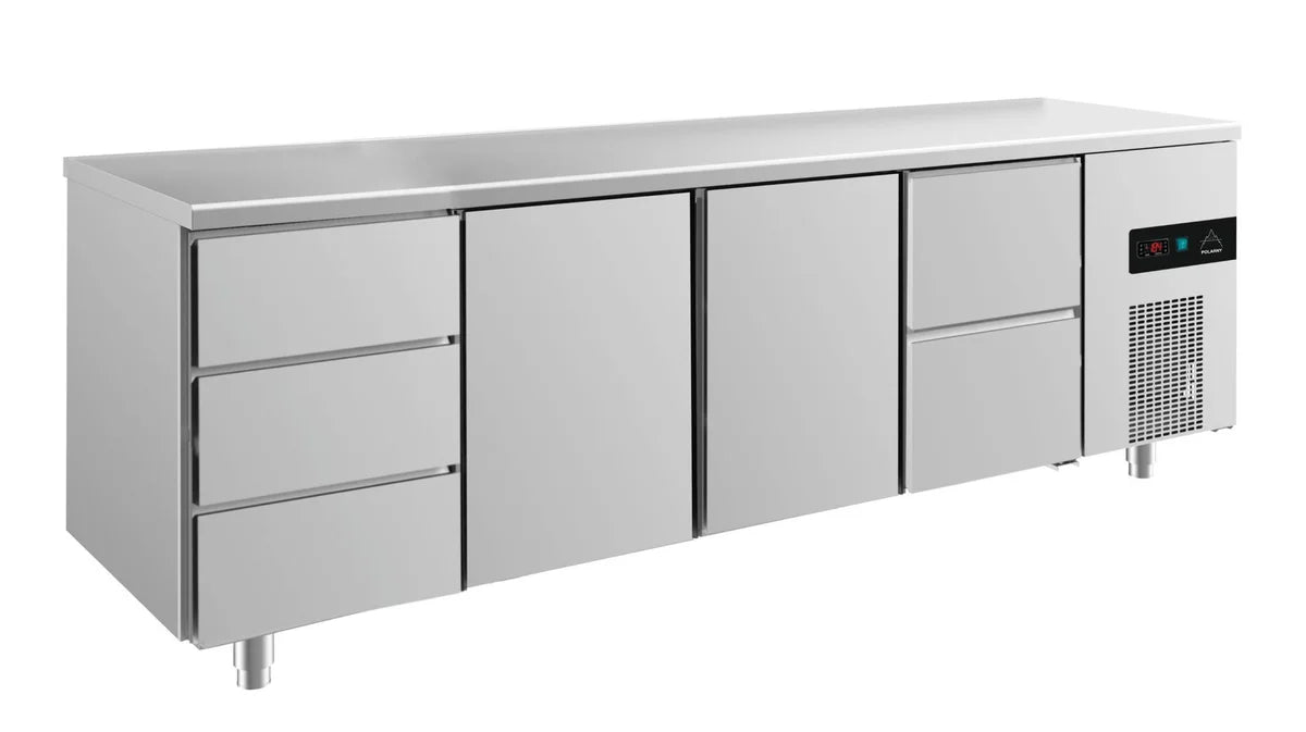 A&S Kühltisch -2 bis +8°C 2330x700x850mm mit 2x Türen, 1x zwei Schubladen und 1x 3 Schubladen (4DTTZ)