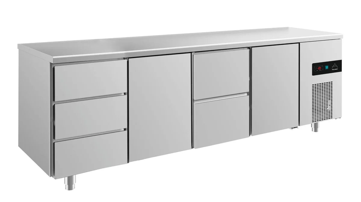A&S Kühltisch -2 bis +8°C 2330x700x850mm mit 2x Türen, 1x zwei Schubladen und 1x 3 Schubladen (4DTZT)