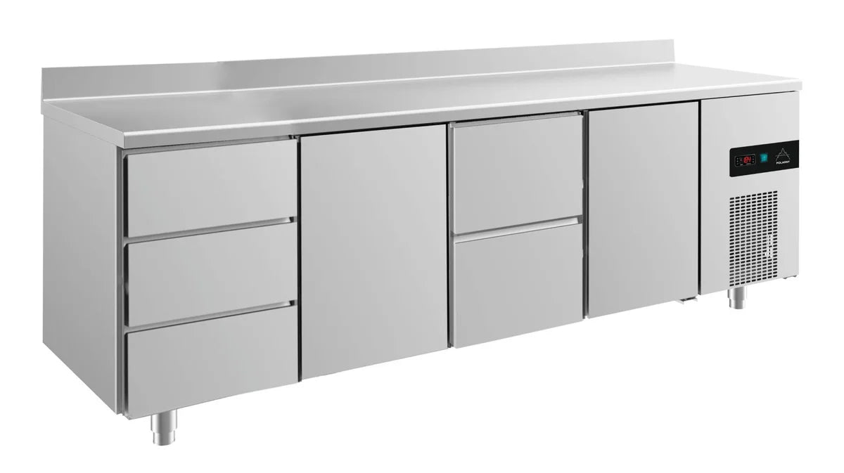A&S Kühltisch -2 bis +8°C 2330x700x850mm mit 2x Türen, 1x zwei Schubladen und 1x 3 Schubladen u. Aufkantung (4DTZTA)