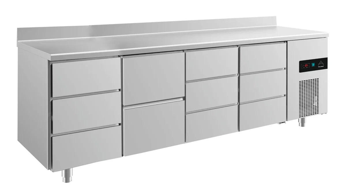 A&S Kühltisch -2 bis +8°C 2330x700x850mm mit 1x zwei Schubladen und 3x drei Schubladen u. Aufkantung (4DZDDA)
