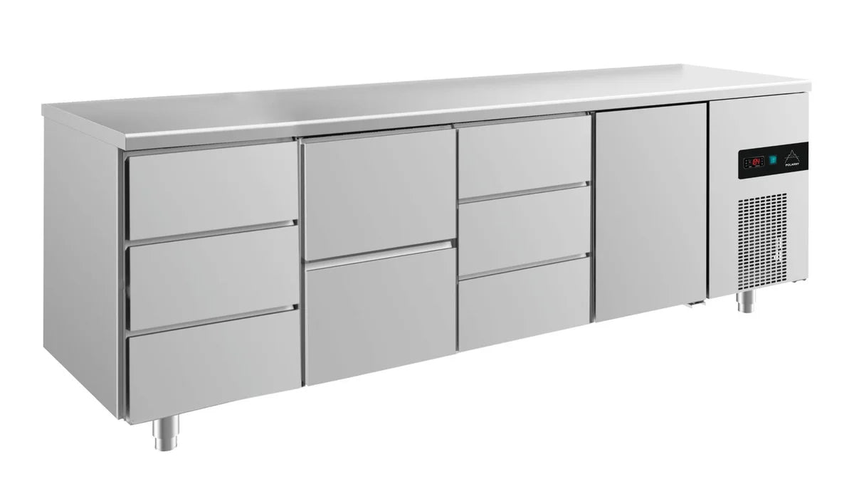 A&S Kühltisch -2 bis +8°C 2330x700x850mm mit 1x Tür, 1x zwei Schubladen und 2x 3 Schubladen (4DZDT)