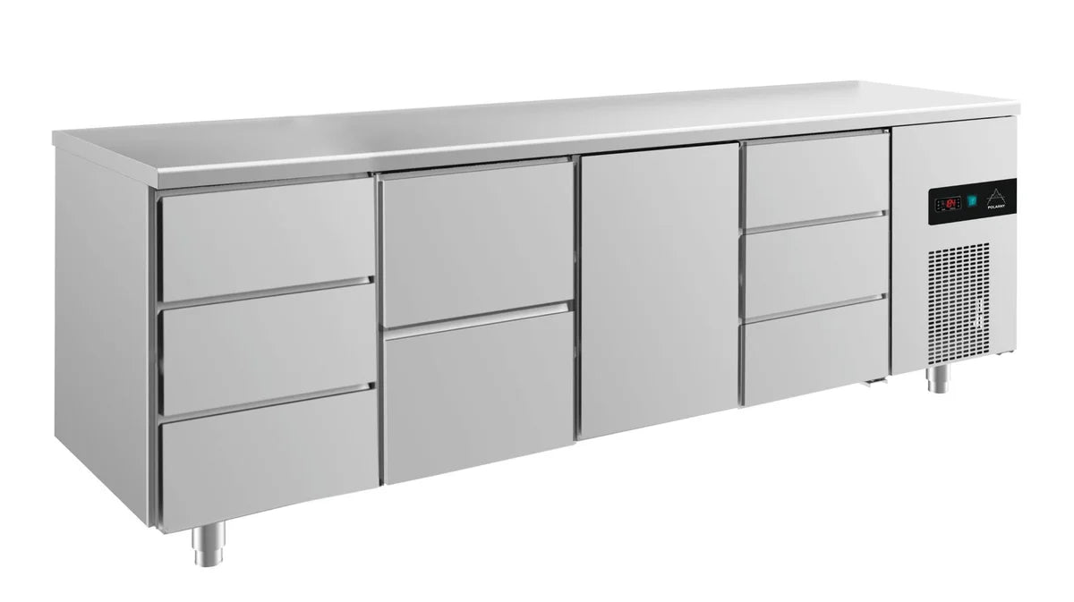 A&S Kühltisch -2 bis +8°C 2330x700x850mm mit 1x Tür, 1x zwei Schubladen und 2x 3 Schubladen (4DZTD)