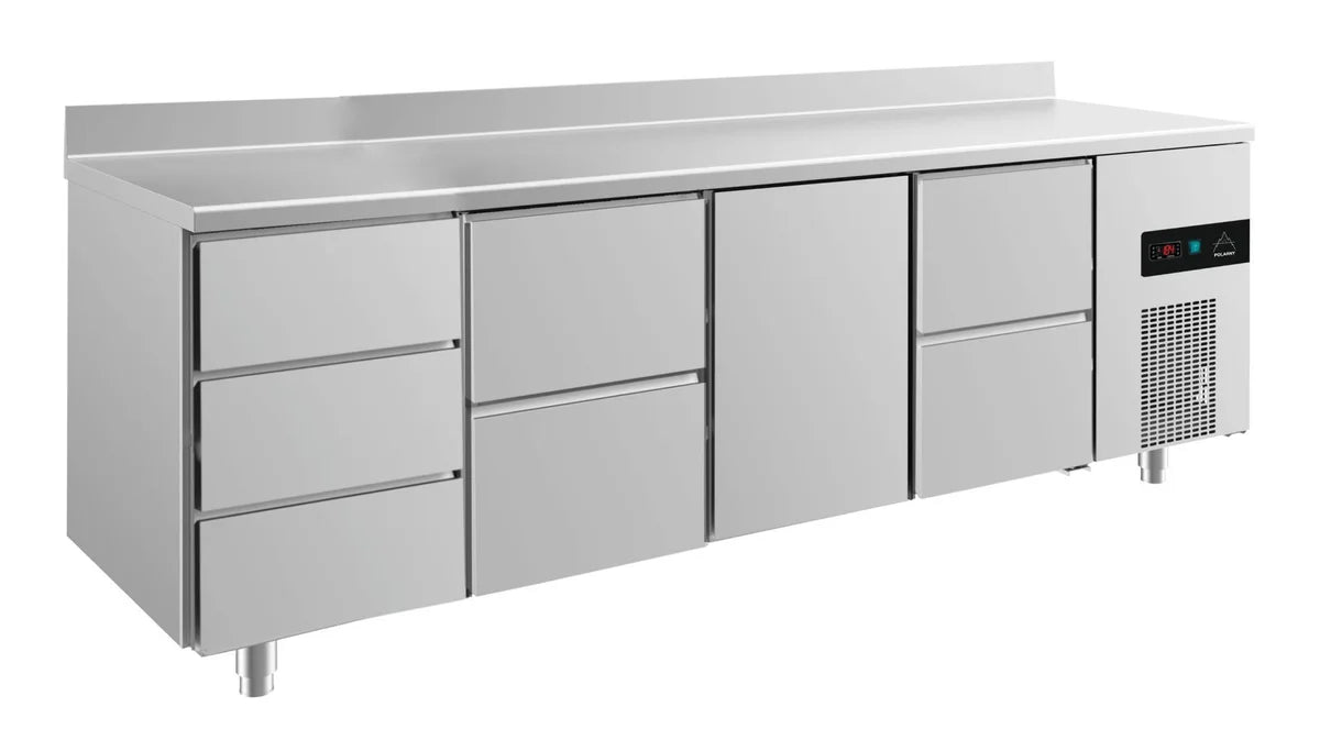 A&S Kühltisch -2 bis +8°C 2330x700x850mm mit 1x Tür, 2x zwei Schubladen und 1x 3 Schubladen u. Aufkantung (4DZTZA)
