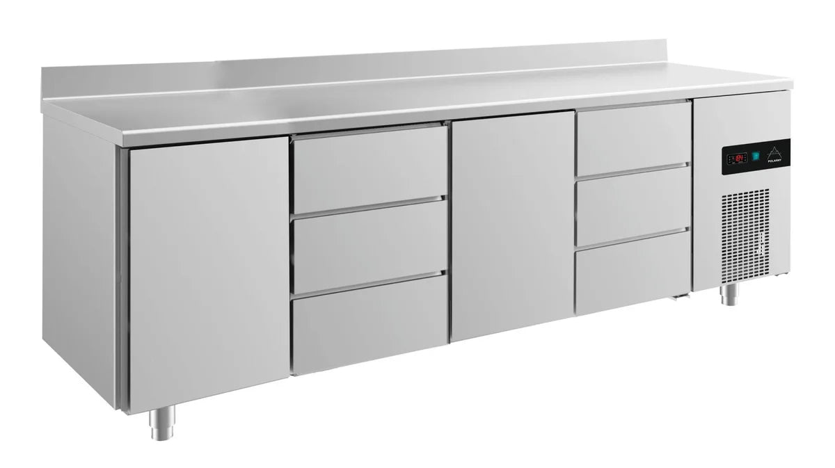 A&S Kühltisch -2 bis +8°C 2330x700x850mm mit 2x Türen und 2x drei Schubladen u. Aufkantung (4TDTDA)