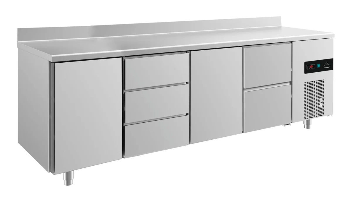 A&S Kühltisch -2 bis +8°C 2330x700x850mm mit 2x Türen, 1x zwei Schubladen und 1x 3 Schubladen u. Aufkantung (4TDTZA)