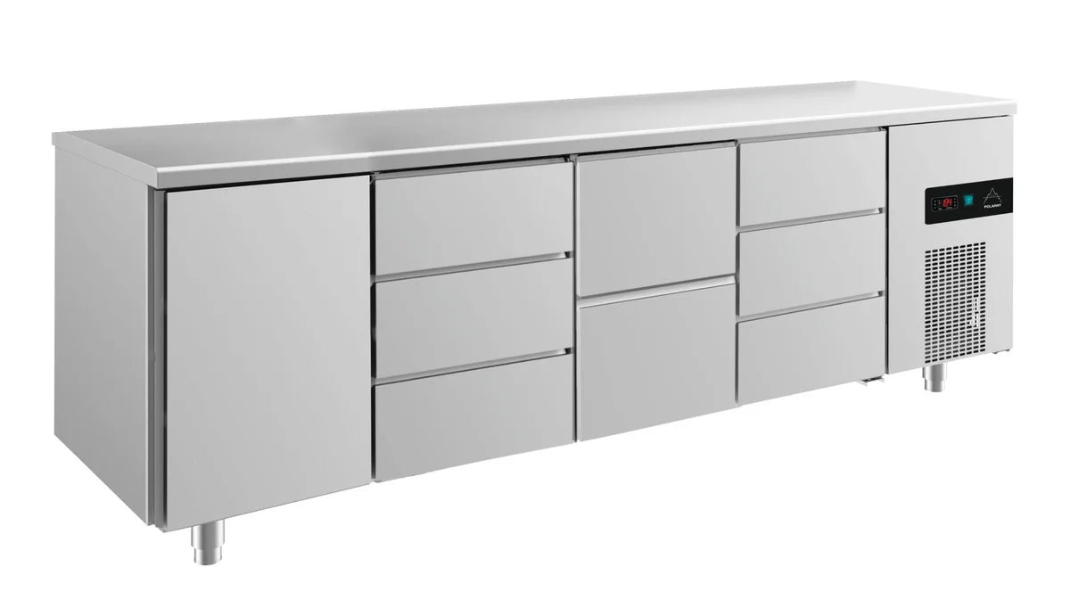 A&S Kühltisch -2 bis +8°C 2330x700x850mm mit 1x Tür, 1x zwei Schubladen und 2x 3 Schubladen (4TDZD)