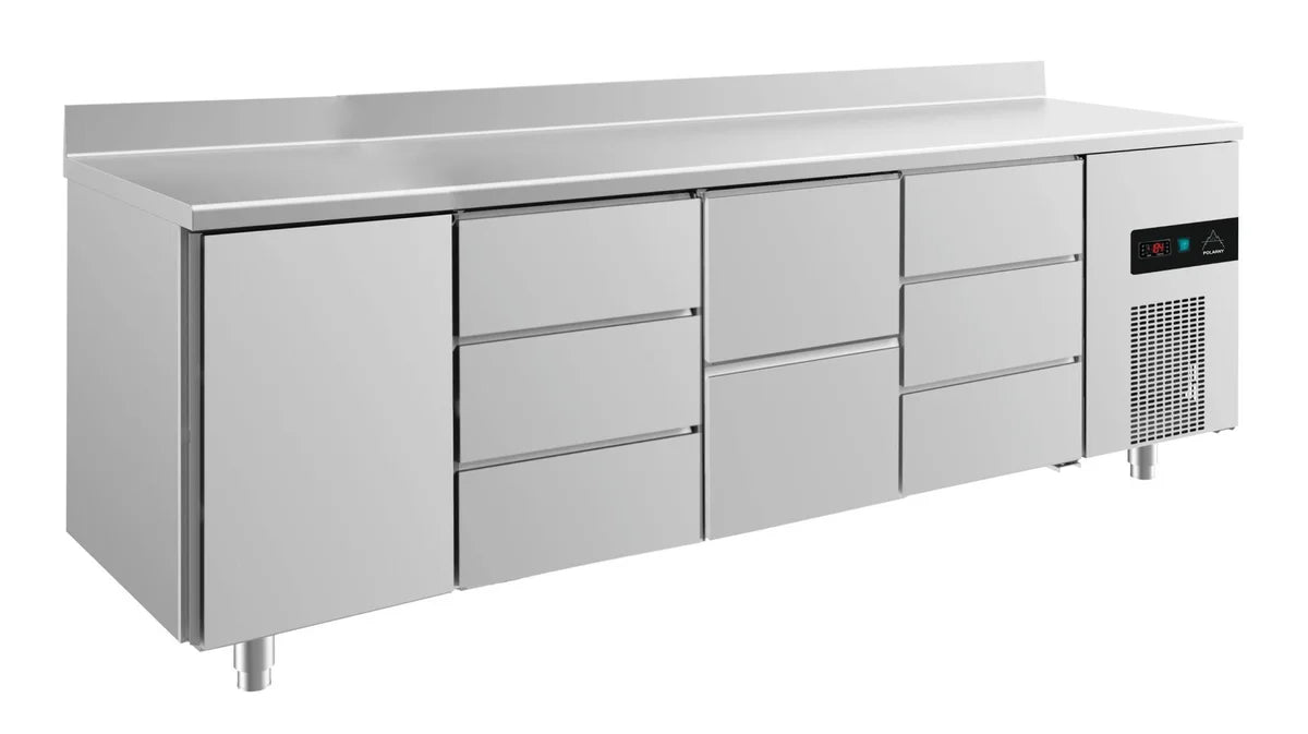 A&S Kühltisch -2 bis +8°C 2330x700x850mm mit 1x Tür, 1x zwei Schubladen und 2x 3 Schubladen u. Aufkantung (4TDZDA)